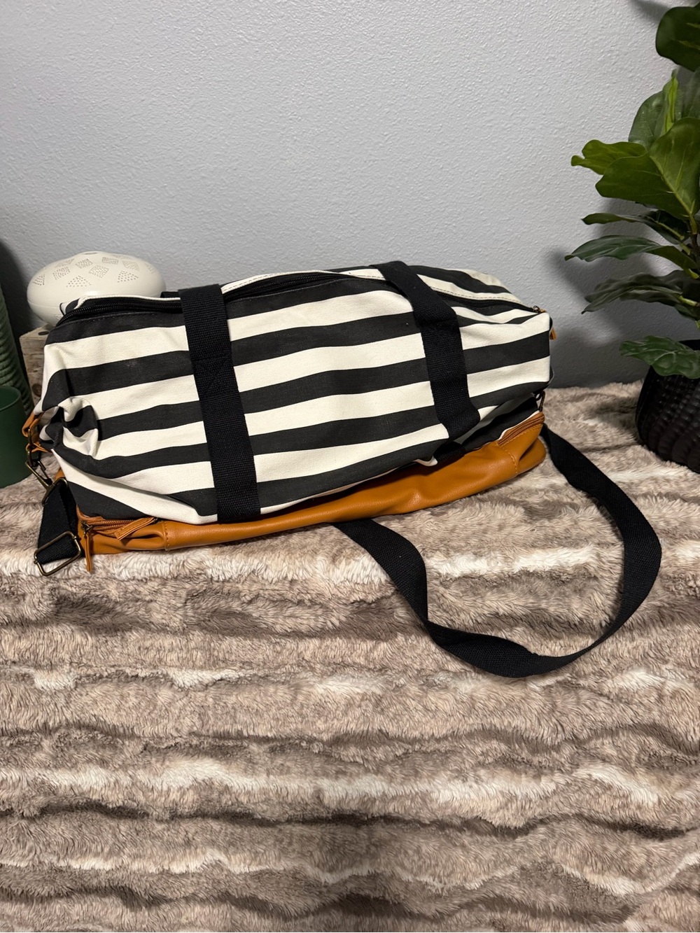 DSW Black and White Striped Canvas Duffel with Tan Trim